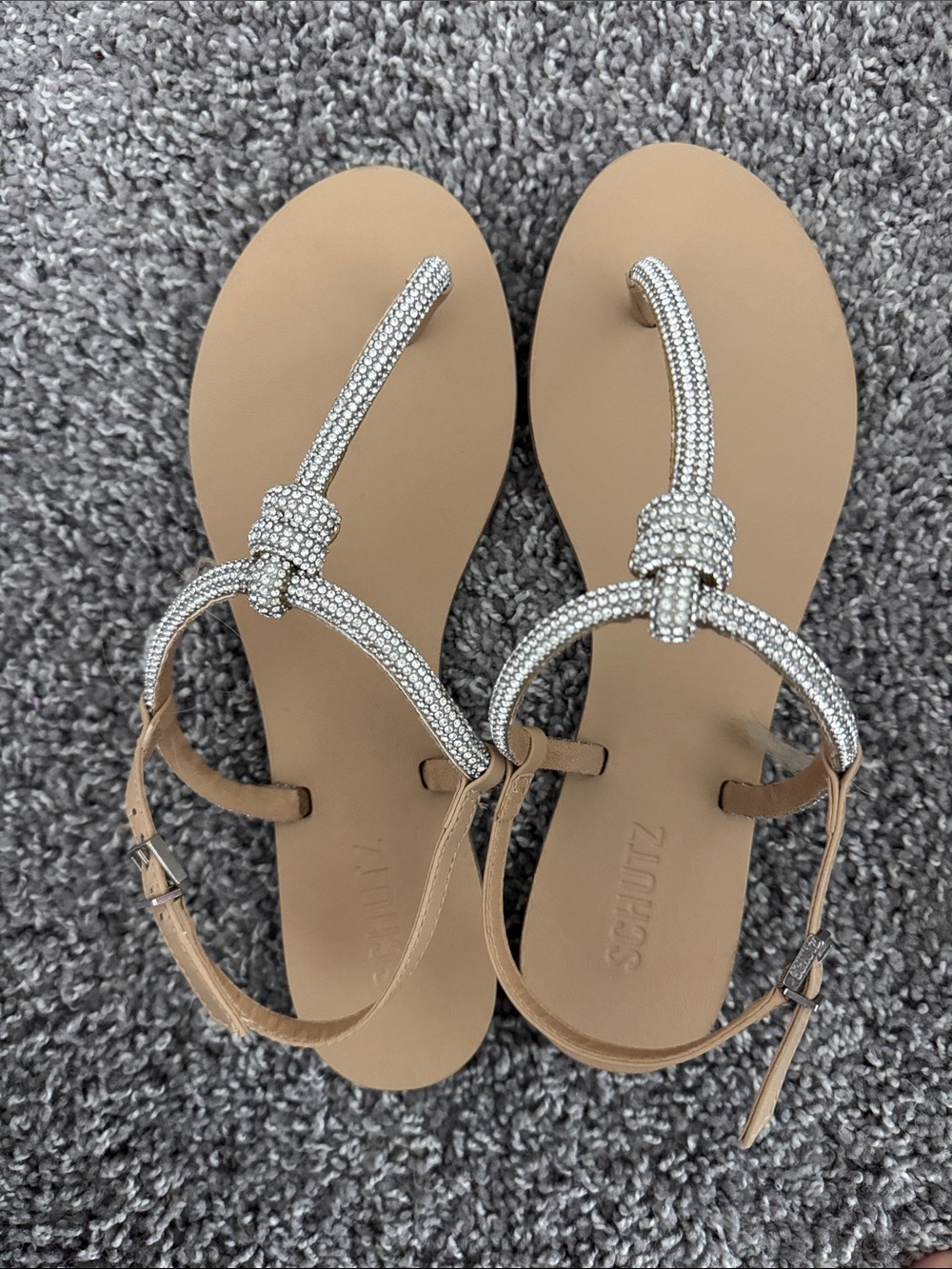SCHUTZ Tan Sandals with Silver Crystal T-Strap